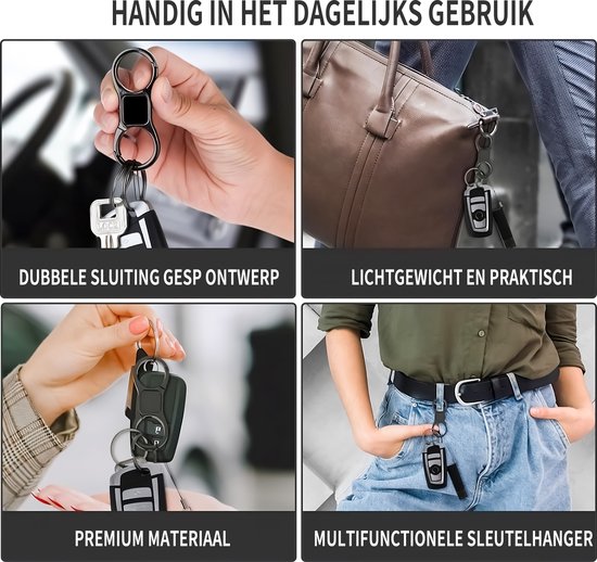 Zwarte sleutelhouder met dubbele sluiting, lichtgewicht en praktisch, van premium materiaal. Multifunctionele sleutelhanger.