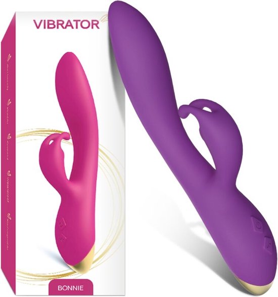 Vibrateur violet 'Bonnie' avec oreilles de lapin à côté de l'emballage avec un vibrateur rose.