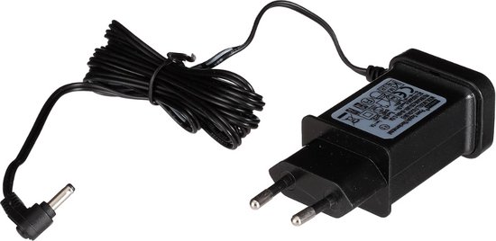 Zwarte adapter met twee ronde stekkers en een kabel met een ronde connector. CE-markering zichtbaar.