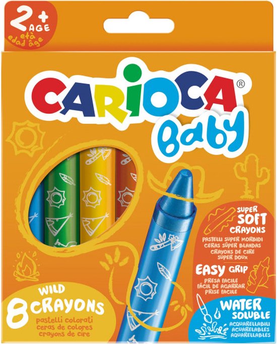 Oranje doos met Carioca baby wild crayons. Zes potloden zichtbaar in de doos, waarvan vier met een patroon.
