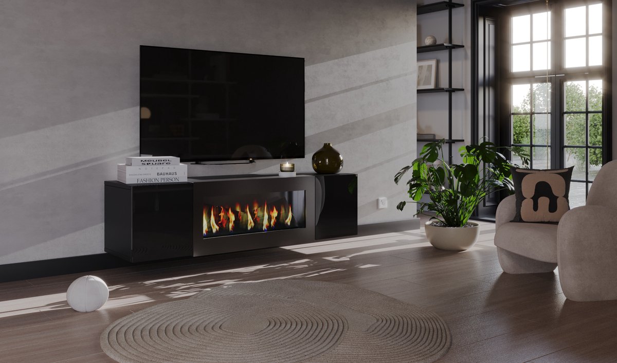 Meubel Square - TV meubel ARC met bio ethanol sfeerhaard - Hoogglans Zwart - 160 cm - Zwevende kast met open haard - Niet elektrisch