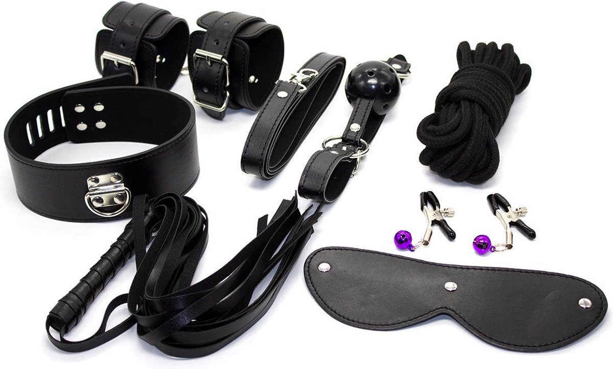 Goedkoopste Fixxx - BDSM Set Beginners - PU-leer - 8 delen - Zwart
