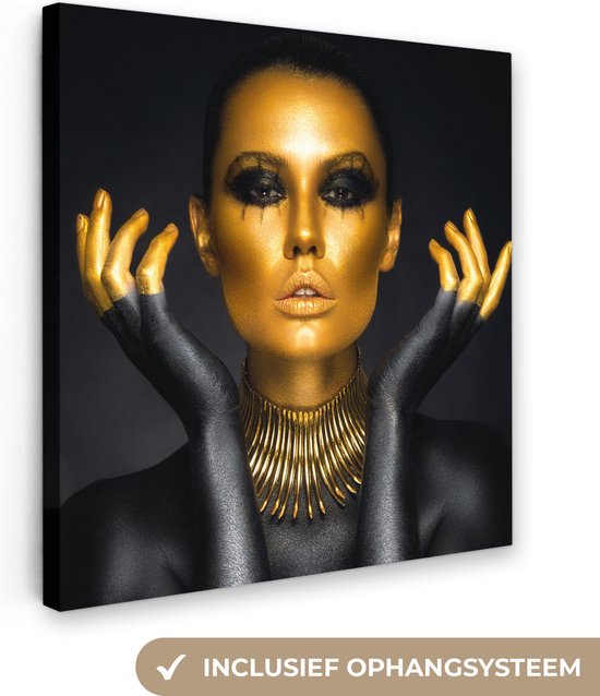 Tableau Peinture Femme - Portrait - Or - Luxe - Zwart - 90x90 cm - Décoration murale