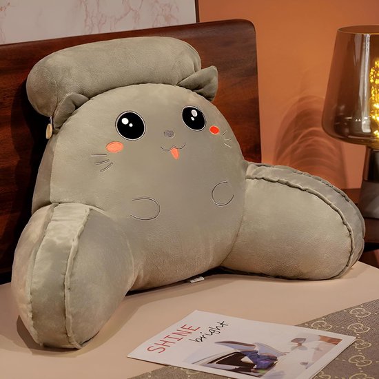 LANPEW Reading Pillow, rugkussen met armleuningen, leeskussen voor bed, bedstoel, rugleuningkussen, rugsteun, kussen cadeau voor lezen, werken en spelen (pluche grijze kat, 70 x 50 cm