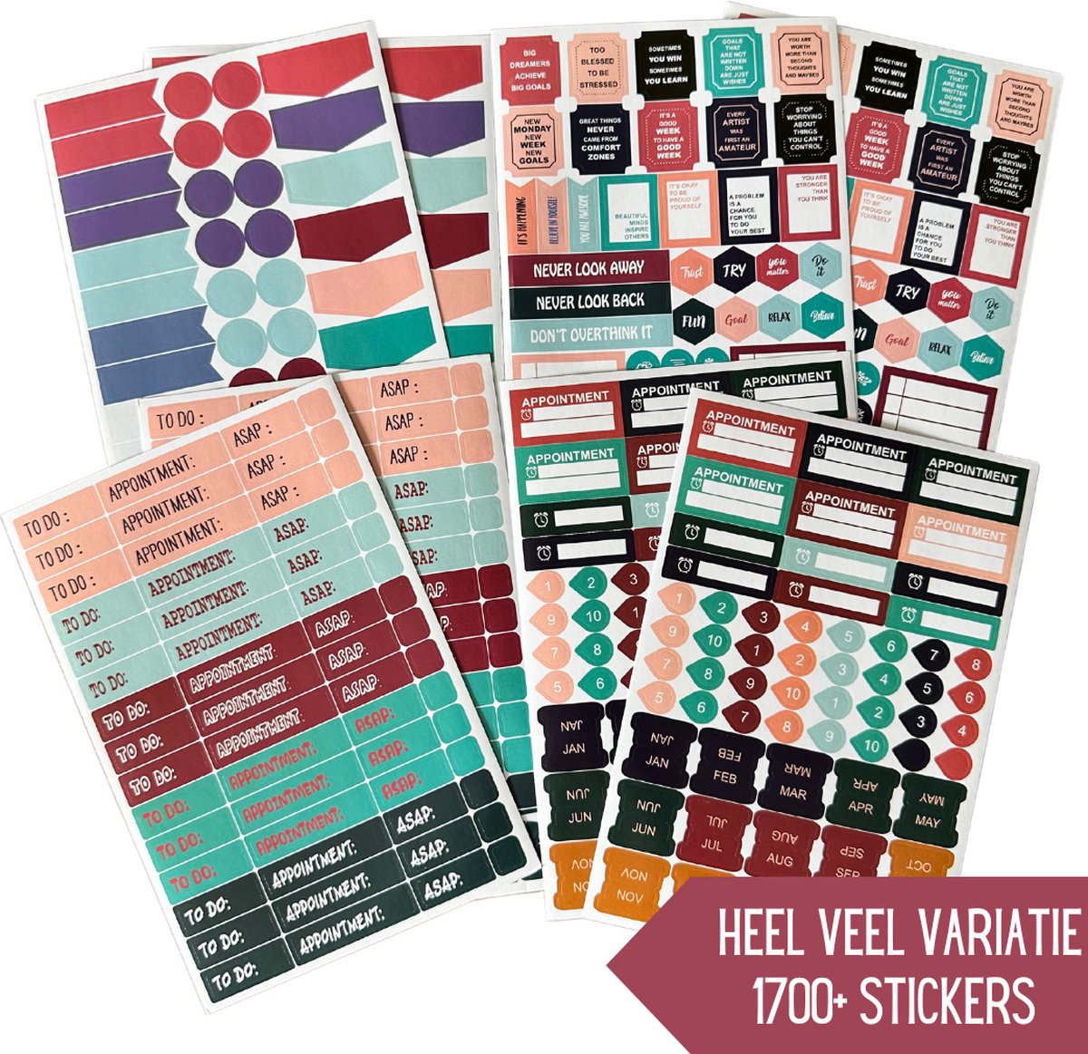 Planner Stickers Boek – 1748 Stickers voor Bullet Journal, Agenda & Kalender – 31 Vellen met Datums, Trackers, Quotes en Symbolen — afbeelding 10