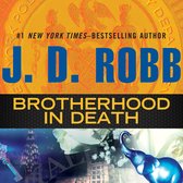 Boekomslag 'Brotherhood in Death' van J.D. Robb, met goudkleurige zegel en een blauwe olifant.