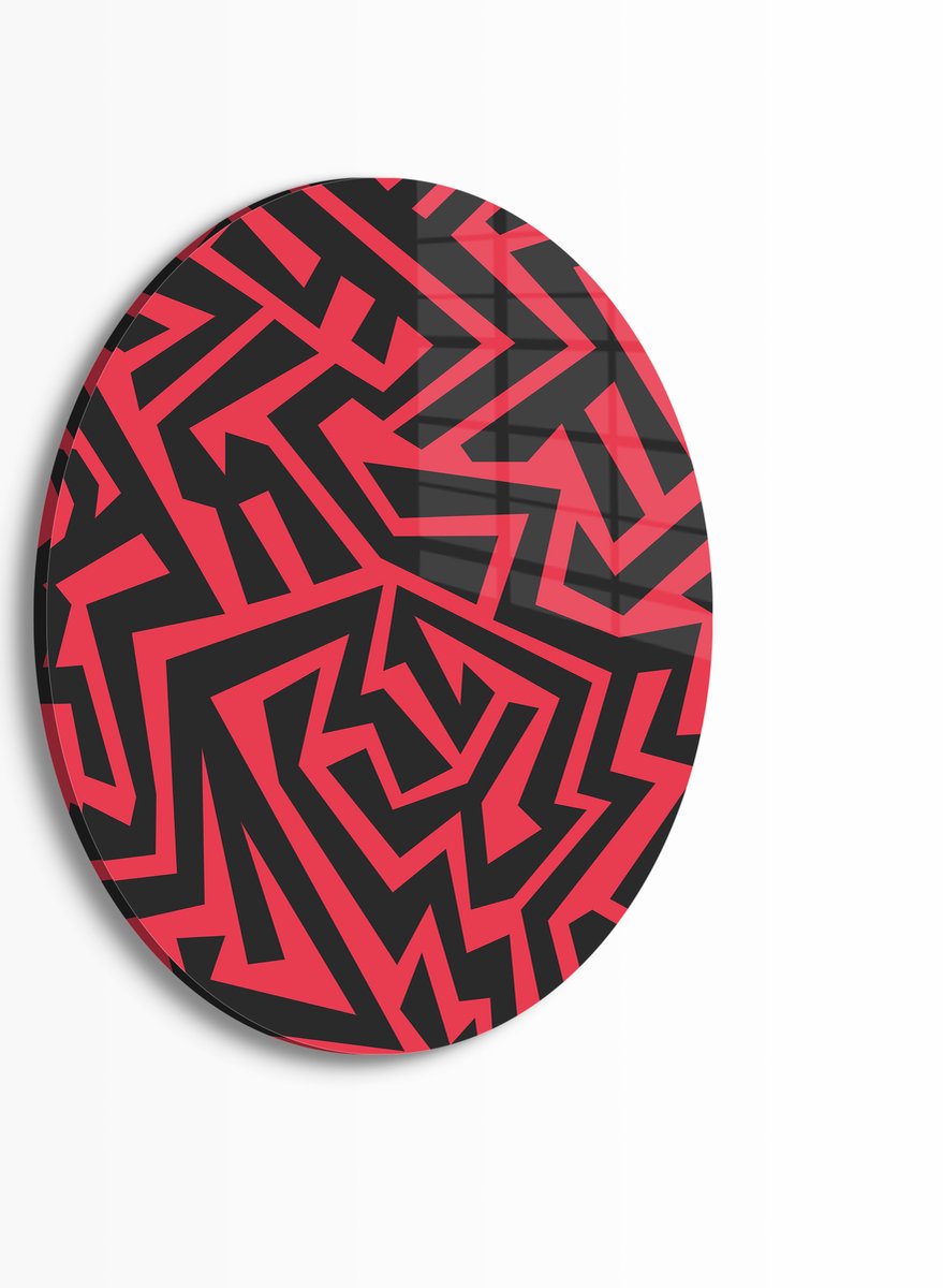 Myfinto Indoorart - Muurcirkel Zwart Rood Patroon Plexiglas 30 cm - Wanddecoratie - Afbeelding op Plexiglas - Inclusief ophangplaat zwart, rood
