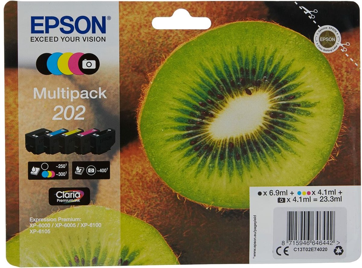 Epson 202 Multipack - 5 - zwart, geel, cyaan, magenta, fotozwart - origineel - blisterverpakking met RF / akoestisch alarm - inktcartridge - voor Expression Premium XP-6000, XP-6005