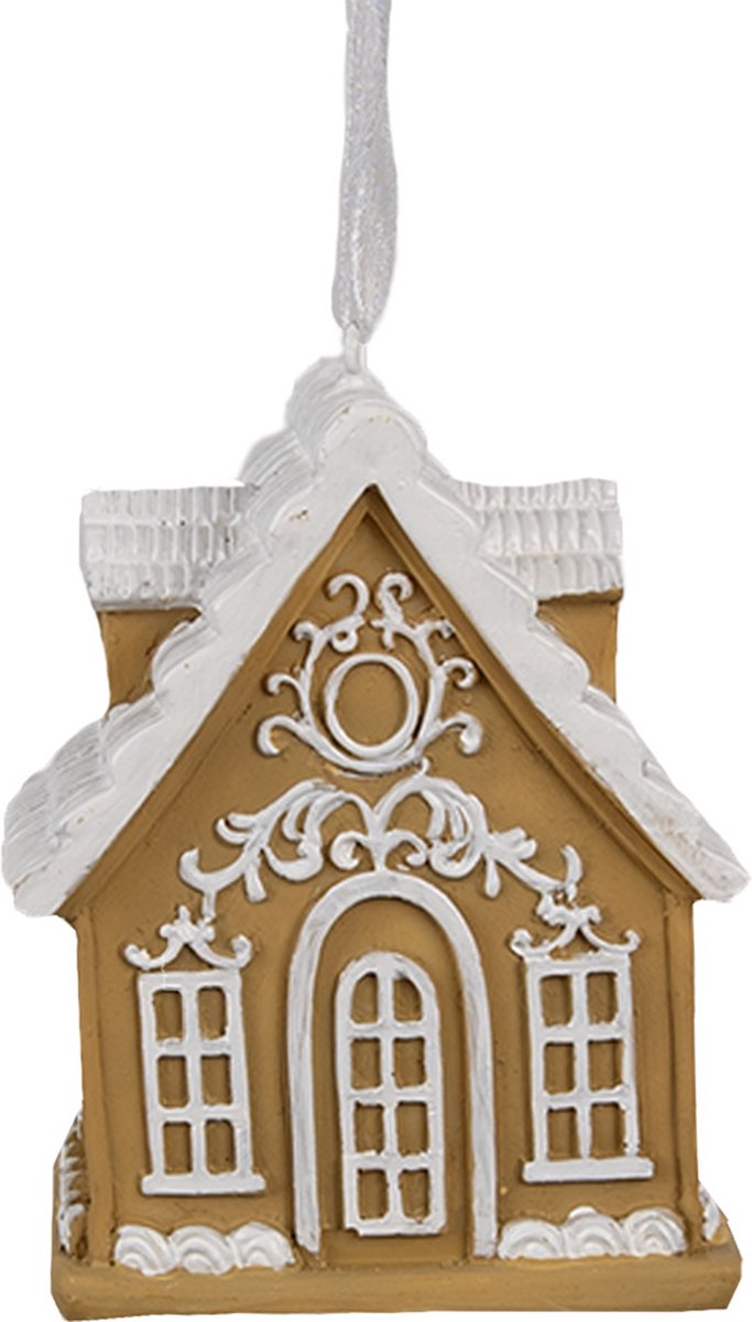 Polyresin kersthanger in bruine kleur, afgebeeld als gingerbread huisje van 6x4x7 cm van Clayre & Eef.