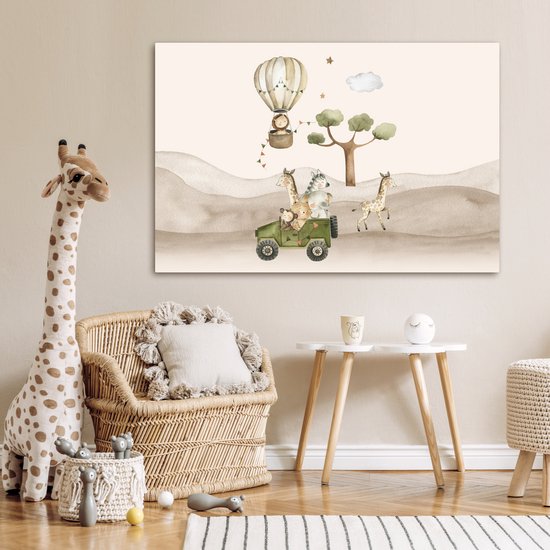 Peinture sur toile 120x80 cm - Décoration murale chambre enfant Animaux sauvages - Safari - Aquarelle - Montgolfière - Décoration murale murale chambre bébé - Décoration chambre garçon et fille - Accessoires Bébé - Peintures