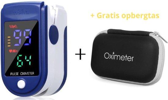 Zuurstofmeter Vinger - Hartslagmeter - Saturatiemeter - + Inclusief Batterijen Opbergtas, Polskoord en Handleiding - Wit/Blauw