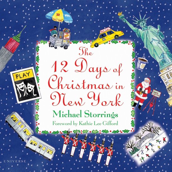 Boekomslag: "The 12 Days of Christmas in New York" met illustraties van de stad, de kerstman en speelgoedsoldaatjes.