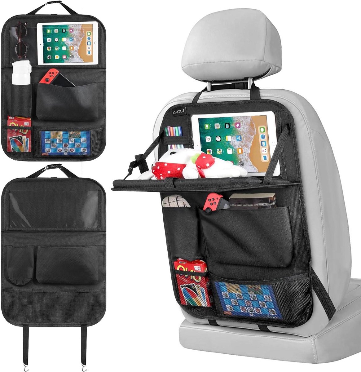 Autostoelorganizer achterbank-organizer met tablet- en telefoonopslag - waterdicht - multifunctioneel - autotas voor kinderen met LUCMO reistafel
