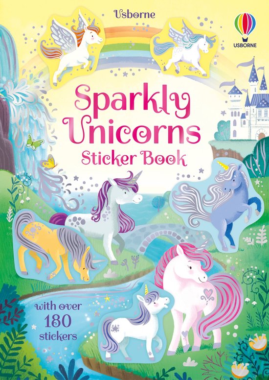Eenhoorns op de voorkant van het "Sparkly Unicorns Sticker Book" met kastelen en een regenboog.