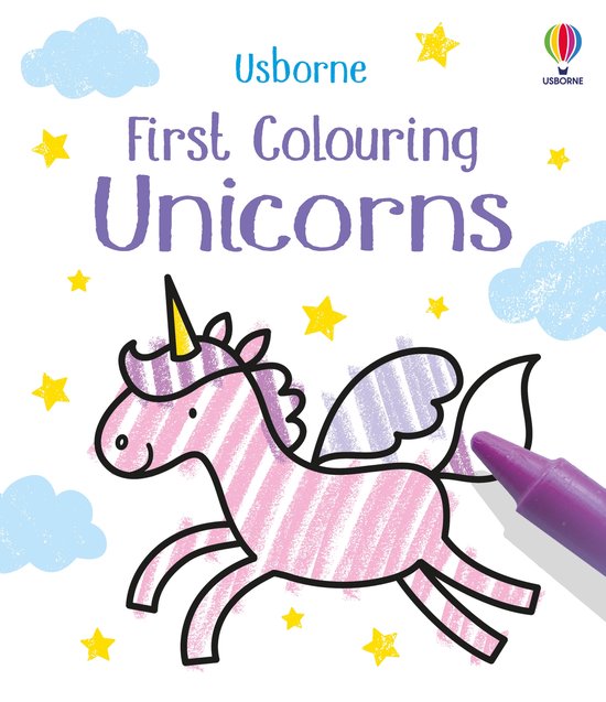 Boekomslag van 'First Colouring Unicorns' met een roze gestreepte eenhoorn met vleugels.