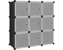 9-Cube opbergorganisator, kunststof kast met deuren, modulaire kast voor kleding, schoenen, speelgoed, boeken, eenvoudig te monteren, zwart LPC116HS