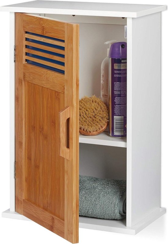 Meuble Mural de Salle de Bain Suspendu Bamboe MDF - Wit- Naturel - 1 Porte 2 Compartiments 515 x 35 x 20 cm