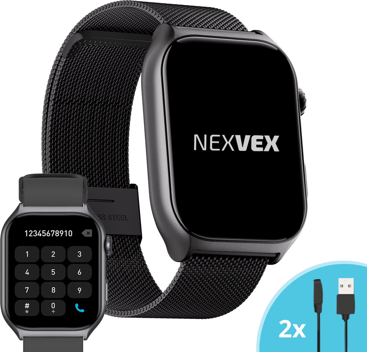 Nexvex® Luxe 2X Smartwatch voor Dames en Heren - Sporthorloge met Belfunctie - Bloeddrukmeter - Stappenteller - Sport Horloge met Hartslagmeter - Smart Watch Saturatiemeter - Bluetooth Activity Tracker - Android/iOS - 2.0 Inch - Stalen Horlogebandje