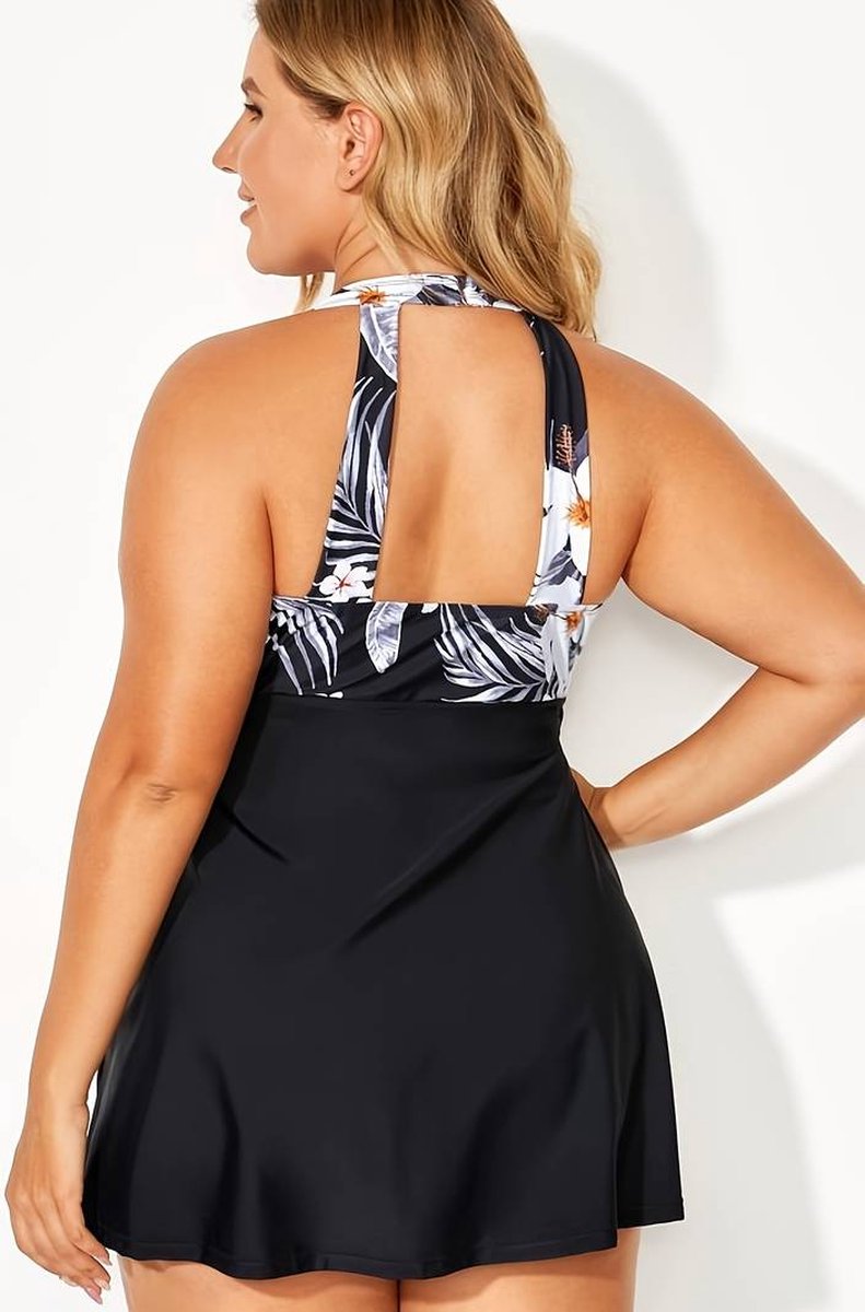 Tankini set design, badpak voor dames, elegante bloemenprint, zwemrok met V - hals en stijlrok, comfortabele stretchpasvorm, 2 - delige set ,badpak zwempak strandkleding zwemkleding 255, zwart wit, — afbeelding 2