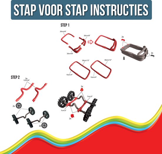 Instructies in 2 stappen voor het bouwen van een voertuig met rode en grijze flexibele staafjes en zwarte wielen.