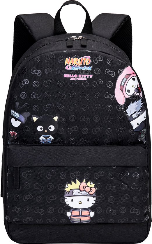 Zwarte rugzak met print van Hello Kitty in Naruto-outfit, My Melody en Chococat. De rugzak heeft een voorvak en een all-over print van kleine strikjes.
