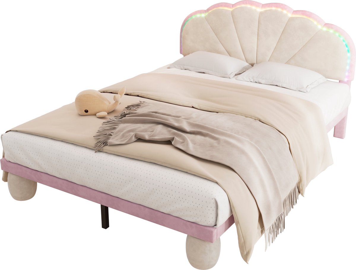 Merax Kinderbed met LED Verlichting - 140x200 cm Tienerbed met Golvend Hoofdbord - Velvet Gestoffeerd Tweepersoonsbed - Beige met Roze