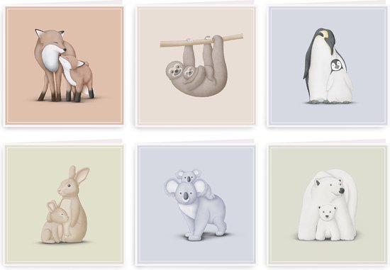 Wenskaarten - Geboorte - Set van 6 - Gevouwen kaarten - Inclusief enveloppen - Geboortekaarten - Neutrale kaarten - Zonder tekst - Dieren - Moederdag - Vaderdag - Verjaardagskaarten - Baby cadeau - inikini
