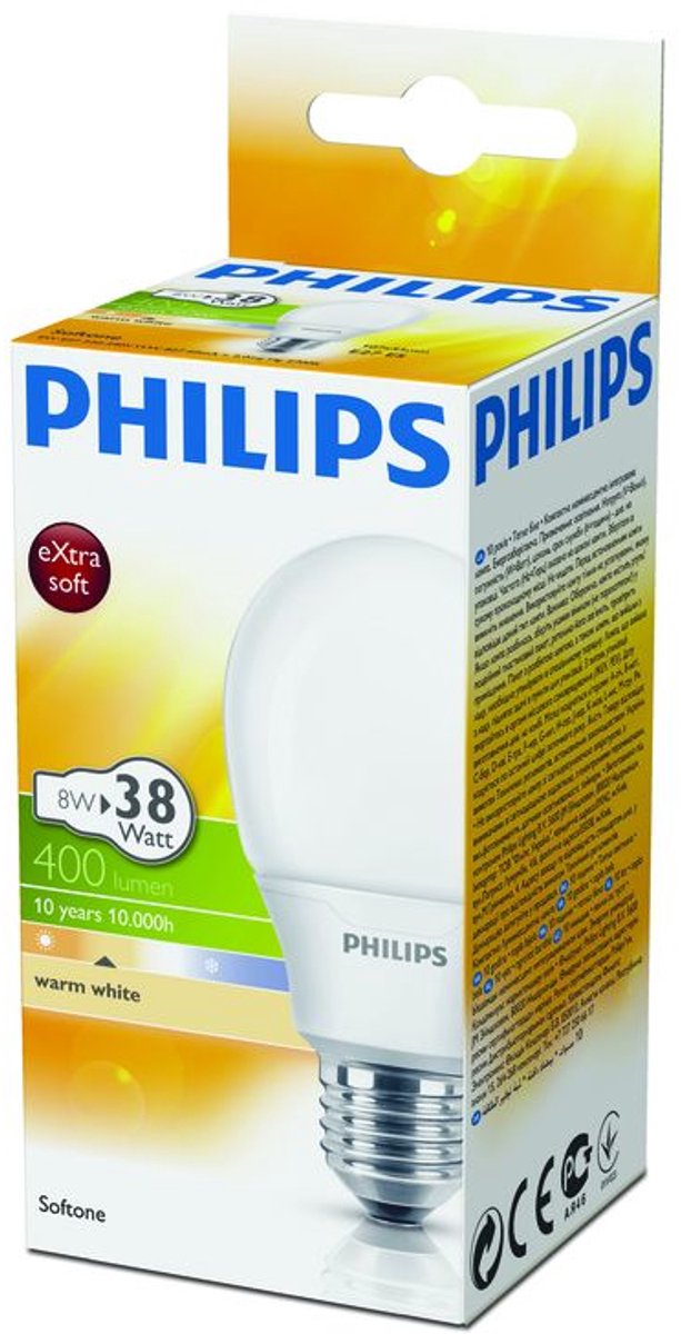 Philips Soft ES 8YR Energiesparlampe – 8 Watt, E27, Warmweiß, 8000 Stunden Lebensdauer