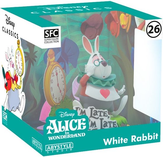Doos met witte konijn figuur, Alice in Wonderland logo en 'White Rabbit'.