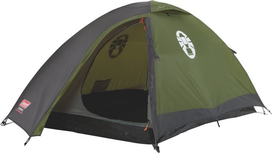 Coleman Darwin 7 koepeltent, halfopen, in groen en grijs, met de slaapruimte zichtbaar.