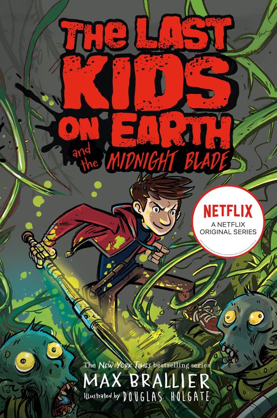 Boekomslag van The Last Kids on Earth and the Midnight Blade, met een jongen in een rode jas die wegrent voor zombies met een zwaard.