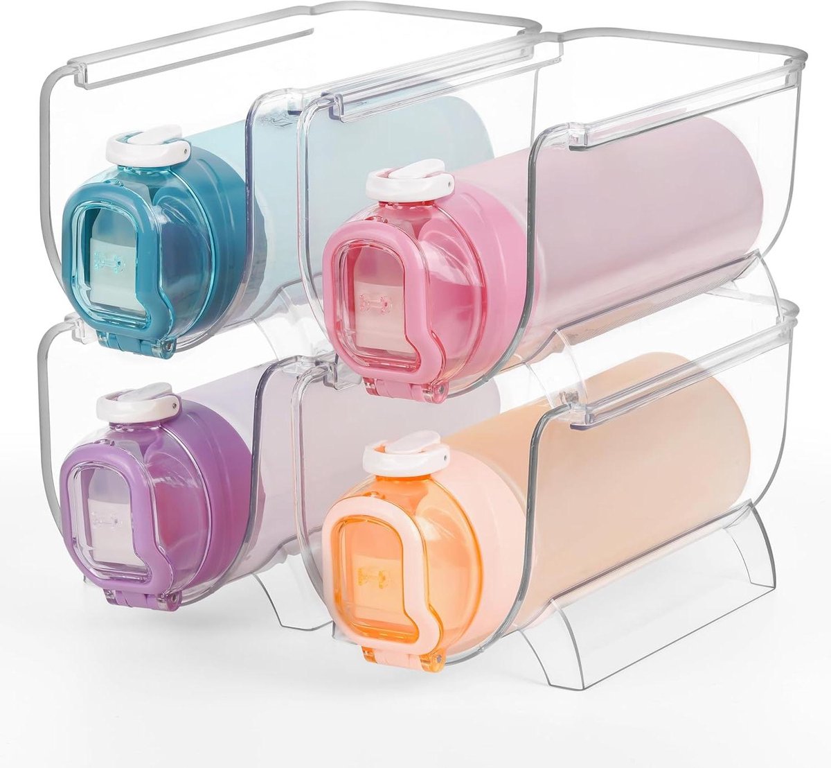 Stapelbare Plastic Flessen Houder Vrijstaande Waterflessen Opslag Organizer voor Keukenkast Werkblad Koelkast Kelder Doorzichtige Rek Houdt 4 Wijnflessen Frisdrank Winter Shore 4 Pack water bottle organizer