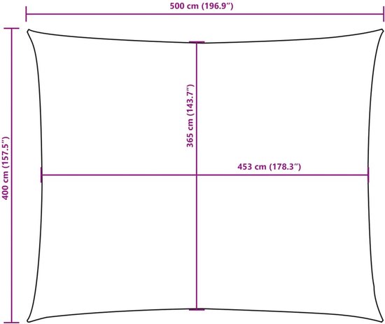 Schematische weergave van een donkergroen rechthoekig schaduwdoek met afmetingen: 500 x 400 cm.