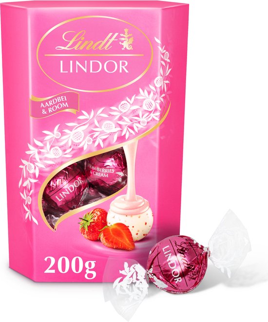 Roze Lindt Lindor doos aardbei & room met twee aardbeien en twee roze bonbons.