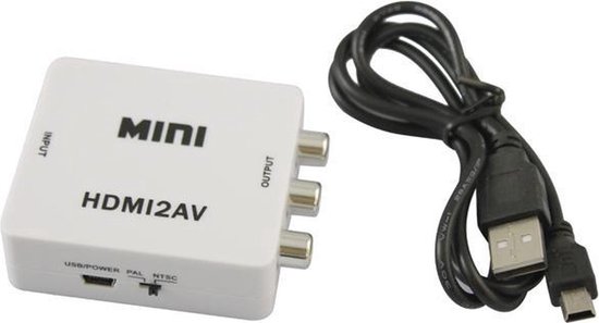 Convertisseur HDMI vers AV blanc avec étiquettes 'INPUT' et 'OUTPUT', avec un câble USB vers mini-USB.