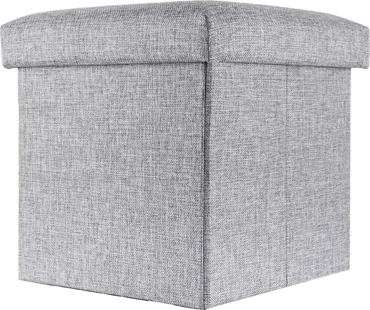 Intirilife Opvouwbaar krukje 30x30x30 cm in ALASKA GREY - Zitkubus met opbergruimte en deksel van stof in linnenlook - Zitkubus voetensteun opbergbox kist bankzitting