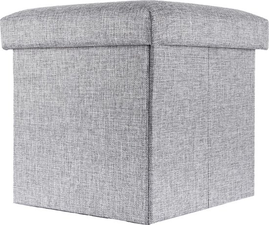 Intirilife Opvouwbaar krukje 30x30x30 cm in ALASKA GREY - Zitkubus met opbergruimte en deksel van stof in linnenlook - Zitkubus voetensteun opbergbox kist bankzitting