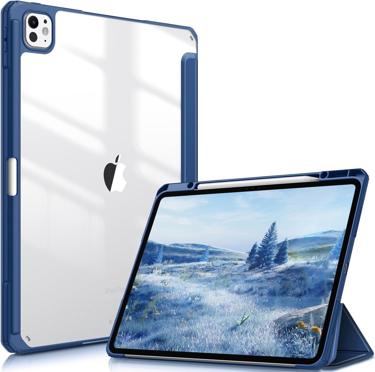 Geschikt voor Apple iPad Pro 13 inch (M4) 2024 - Book Case - Schokbestendige Hoes Met Doorzichtige Transparante Achterkant - Ingebouwde potloodhouder - Marineblauw