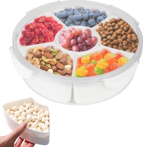 Foto: Ronde verdeelde dienblad met deksel 6 vakken lekvrij uitneembare gedeelde dienbladen snackbox vershouddoos hot pot serveerschaal voor snoep veganistisch fruit snackbox