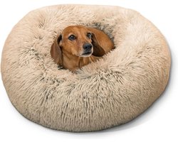 Het originele Kalmerende donut Kat- en Hondenbed in Shag Fur - Taupe - Klein 23x23 met Vrienden van Sheri dog bed pouch