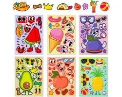 foto van Vrolijk Fruit Stickervellen - 6 vel met Fruit, Avocado en IJsje met Oogjes, Brillen, Monden en Accessoires - Stickers voor kinderen