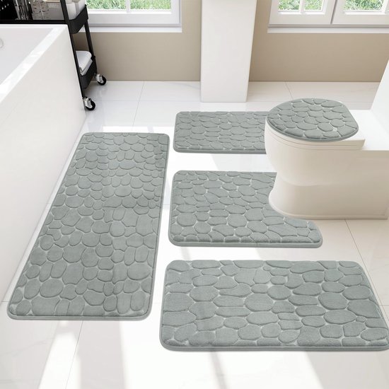 chakme Cobblestone Badkamertapijten, 2 stuks, traagschuim, dik, antislip, absorberend, wasbaar, donkergrijs, badmatten voor bad, toilet en vloer
