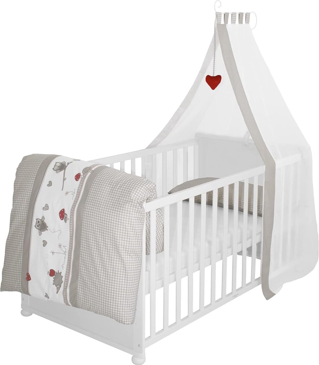 Bol.com Bed, wit babybed met uitrusting, combi kinderbed 70 x 140 cm incl. beddengoed, hemel, nest aanbieding