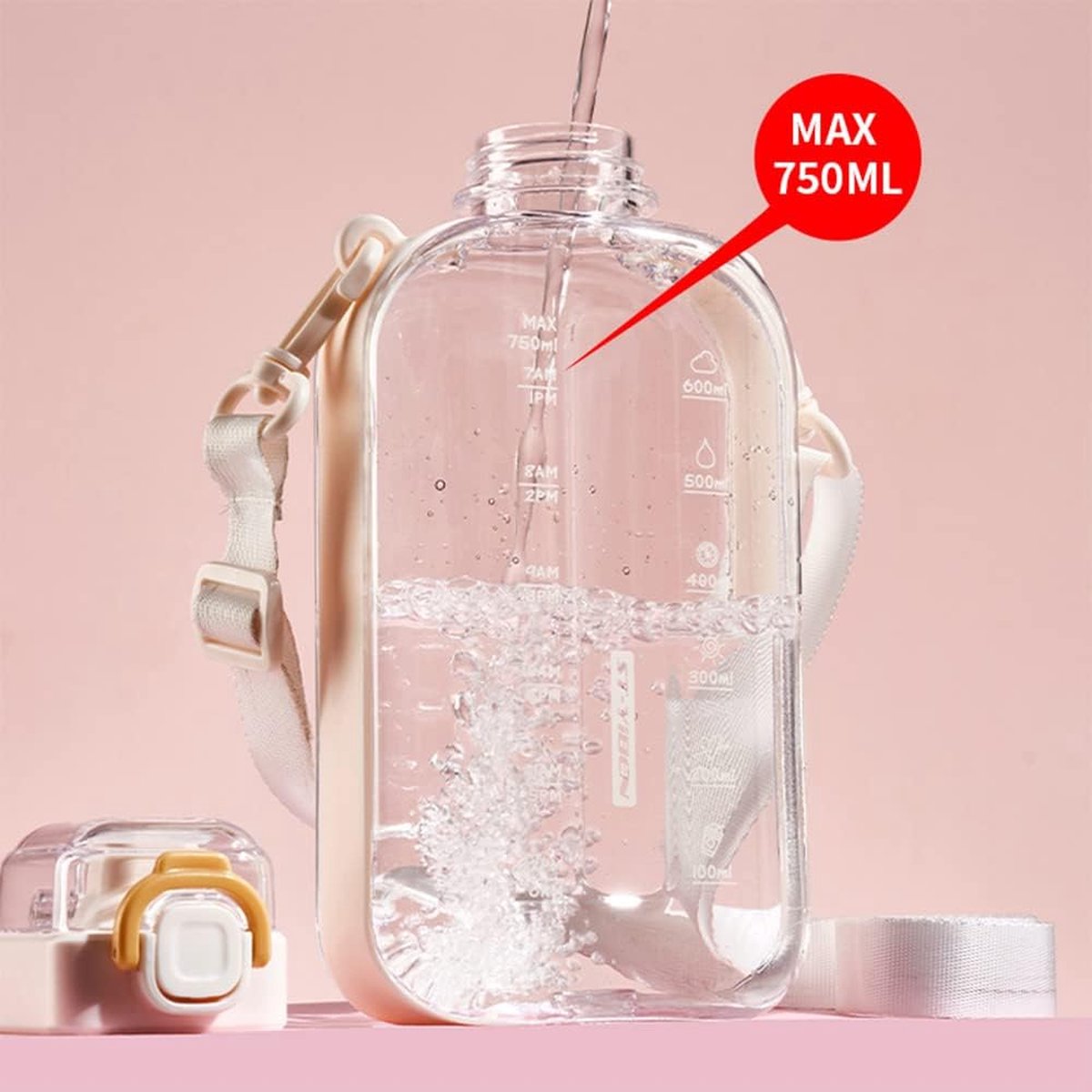 750 ml platte drinkfles, outdoor sportwaterfles met één klik te openen, lekvrije dop, reisfles met tijdmarkering en draagriem voor sport, reizen en fitness ( zwart