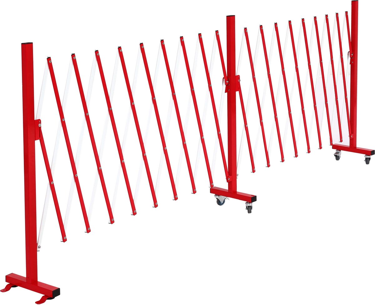 Aluminium afschermrooster MCW-B34, schaarhek veiligheidsrooster met wielen, uitschuifbaar 110x60-500cm ~ rood-wit