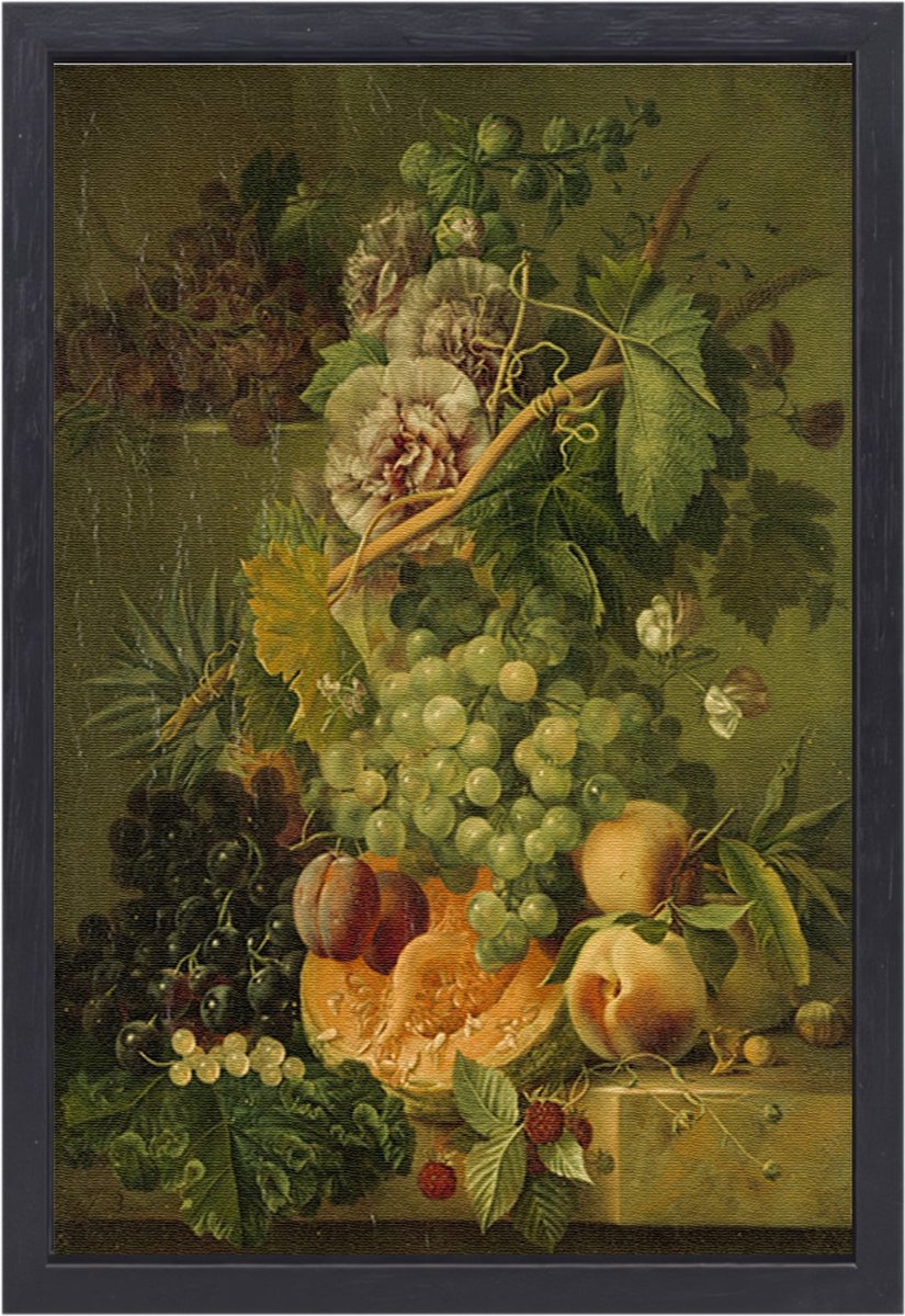 Stilleven van bloemen en vruchten - Albertus Jonas Brandt schilderij - Fruit portret - Canvas schilderijen Eten - Schilderijen op canvas industrieel - Schilderij op canvas met baklijst - Decoratie woonkamer canvas met baklijst 50x70 cm