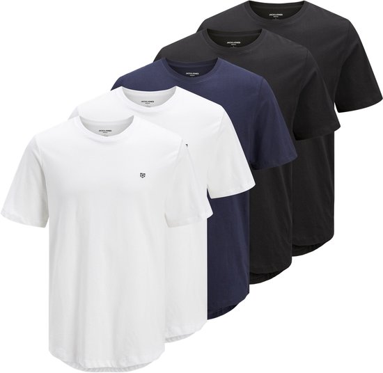Cinq t-shirts Jack & Jones blanc, bleu marine et noir, col rond.