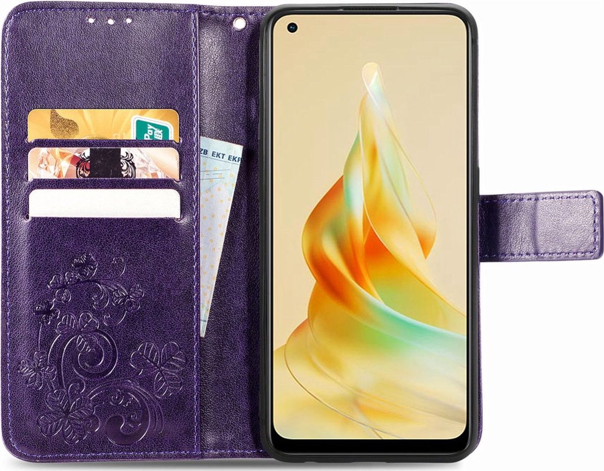 Mobigear Telefoonhoesje geschikt voor OPPO Reno 8T 4G Hoesje | Mobigear Clover Bookcase Portemonnee | Pasjeshouder voor 3 Pasjes | Telefoonhoesje voor Pinpas / OV Kaart / Rijbewijs - Paars