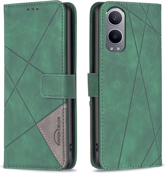 Étui BINFEN vert à motif géométrique. Déplié avec téléphone et porte-cartes.