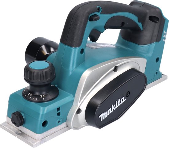 Turquoise en zilvergrijze Makita schaafmachine met zwarte details.